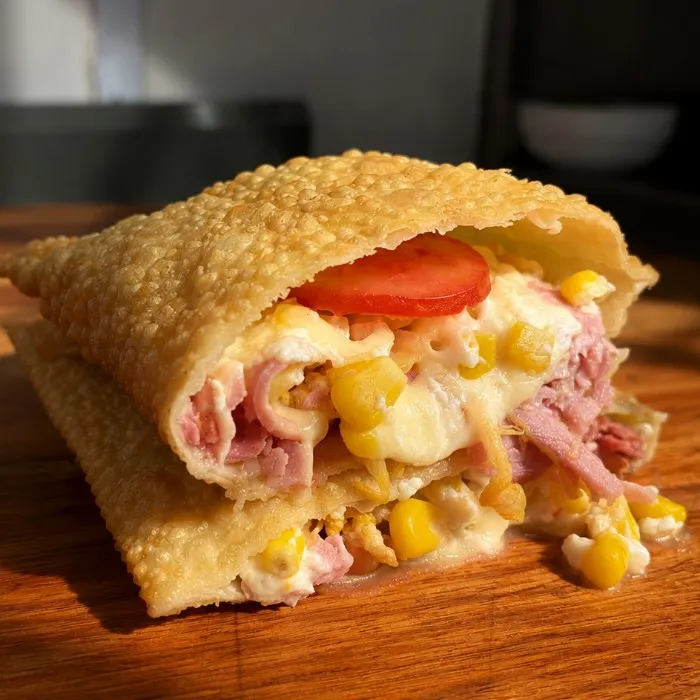 Pastel com tudo dentro, com tomate e milho aparecendo